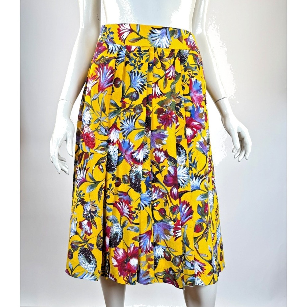 J Crew Silk Pleated Midi Skirt Women 16 NWOT Floral‎ Lined Zip Closure Yellow